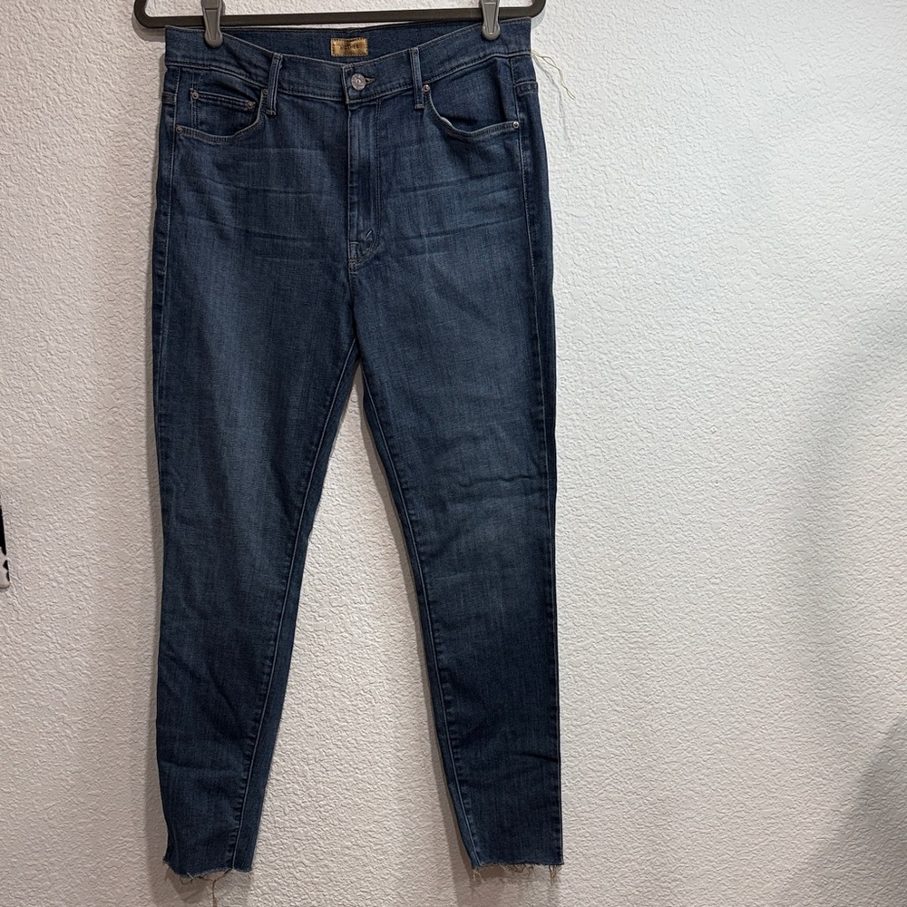 MOTHER High Waisted Looker Ankle Fray Jeans Ride A Dark Horse Cotton Blend Sz 32